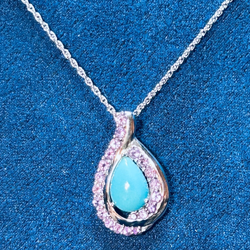 Sterling Silver Teardrop Necklace with Turquoise Center and Amethyst Accents